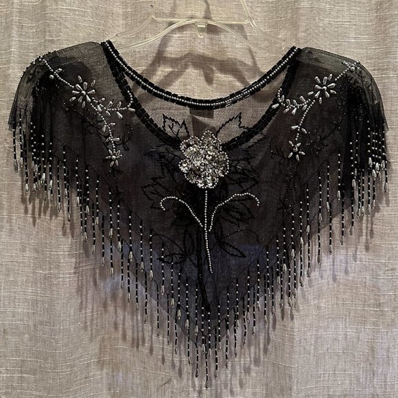 Black & Silver Beaded Sequin Mesh Pullover Capelet Collar Shawl - Picture 8 of 15